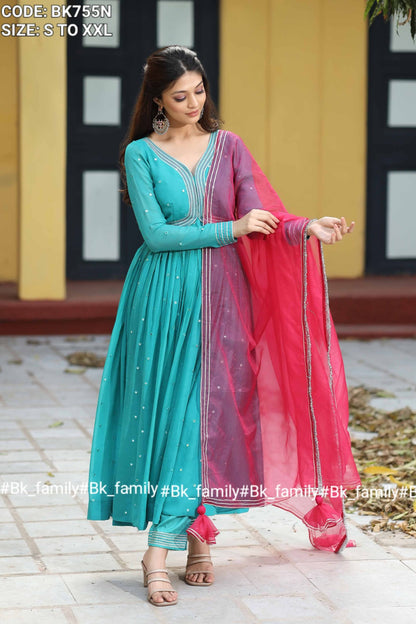 Ratrani Georgette Anarkali Suit Set in Teal Blue