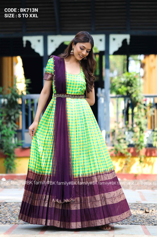 Tota Banarasi (Dress) in Tea Green & Wine